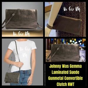 Johnny Was Gemma Laminated Suede Gunmetal Convertible Clutch NWT